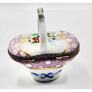 Vtg Limoges Basket Handle Porcelain Trinket Box Hinged Floral Gold France